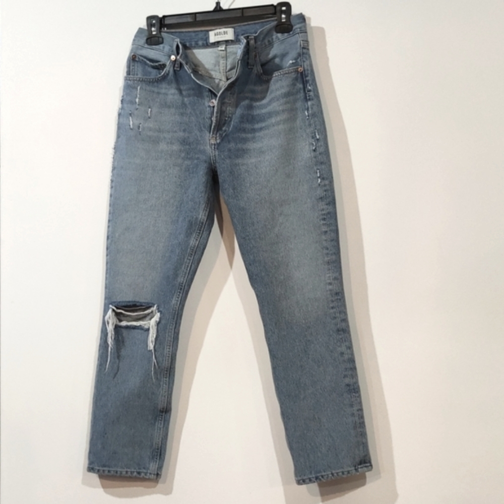 Agolde RILEY High rise Crop 25straight light blue wash distressed knee hole